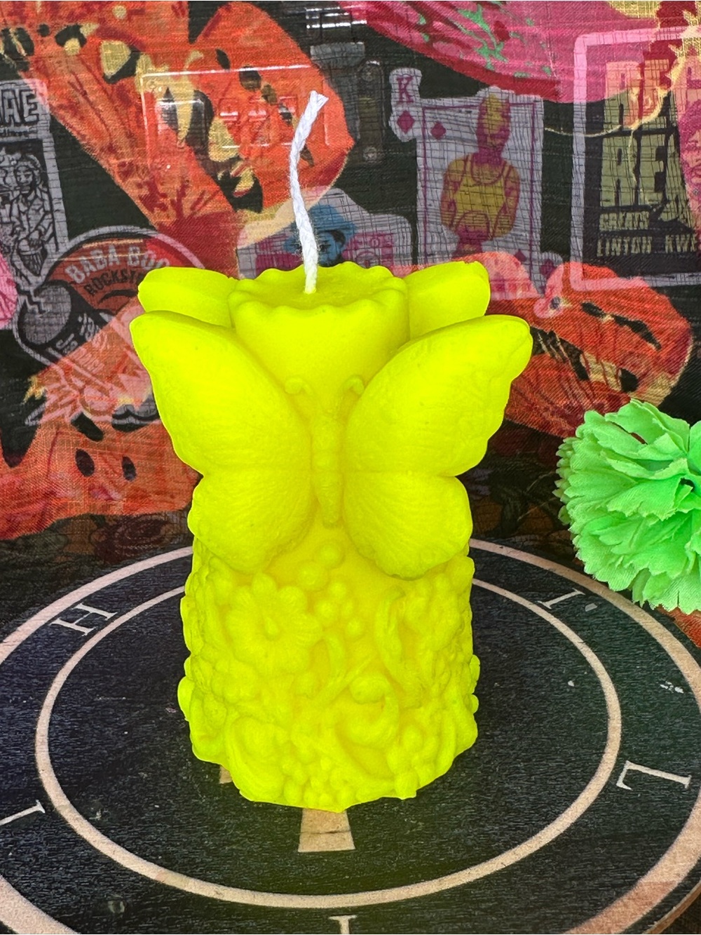 Handmade Neon Yellow Butterfly Candle – Floral Garden Pillar
